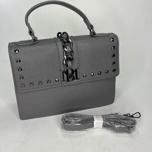 Badgley Mischka Gray Crossbody Handle Handbag Vegan Leather Stud Chain Turn Lock